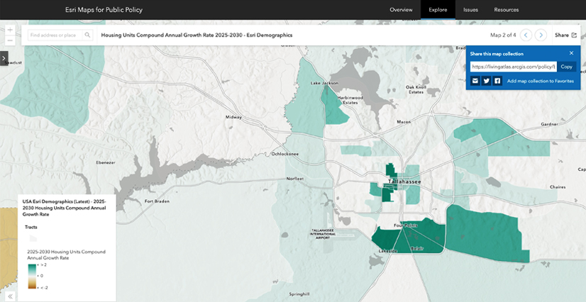 An Esri demographics map of Tallahassee, Florida, that shows the projected compound annual growth rate of housing units from 2025 to 2030.