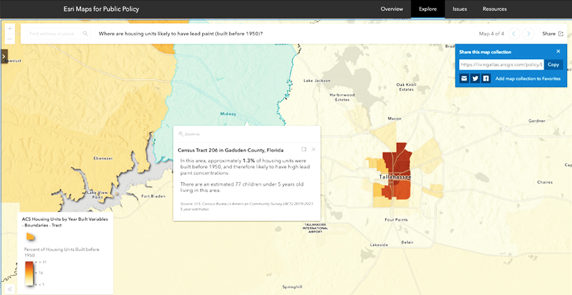 An Esri map that shows lead paint risk in Tallahassee, Florida. A heatmap over Tallahassee shows red/orange for higher percentages of pre-1950 housing. A pop-up for Gadsden County's Census Tract 206 details 1.3% pre-1950 units and 77 children under 5.