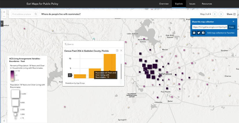 An Esri Maps for Public Policy map displaying where people live with roommates in Tallahassee, Florida. The map uses colored squares to visualize population distribution, and a pop-up shows a bar chart of age groups with roommates in Gadsden County.