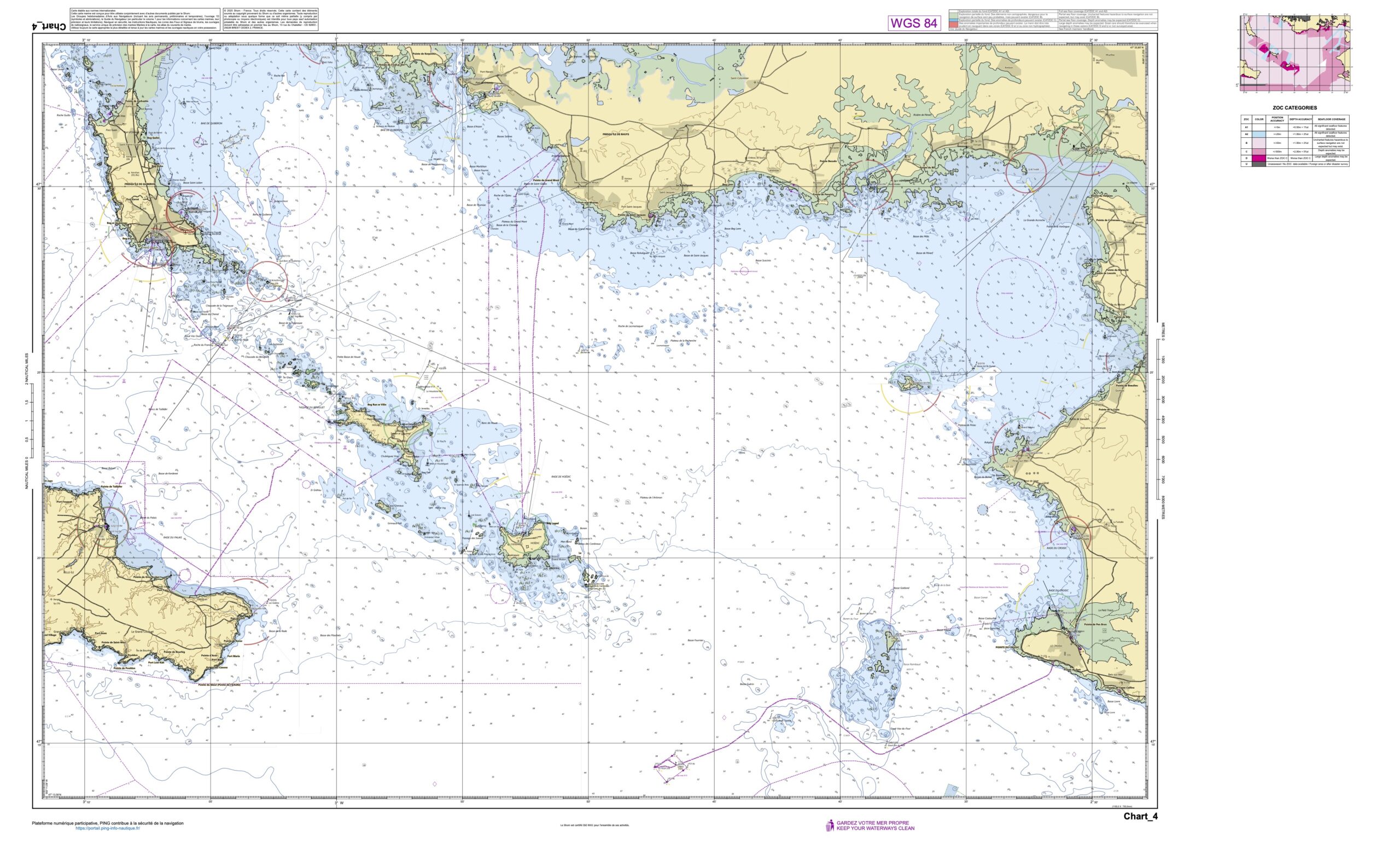 Detailed nautical chart showing French coastline around Bay of Quiberon in Brittany. Chart features Quiberon Peninsula and islands of Houat and Hoëdic. Sea is colored in shades of blue and white indicating depth, and filled with navigational data like depth soundings, channels, and buoy symbols. Land is shown in beige and green. Chart includes latitude and longitude grid and legend in top right.