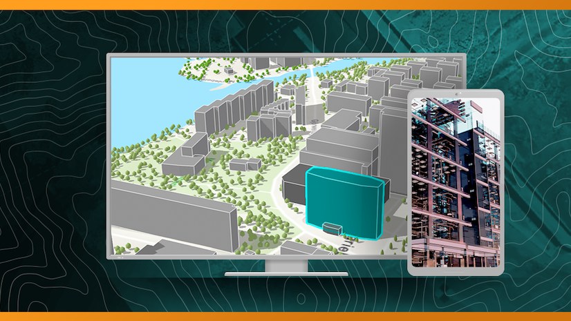 An illustration of a computer monitor displaying a building in 3D with an inset picture of a real building