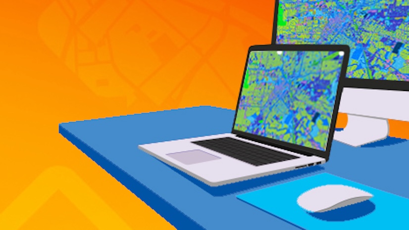 An illustration of a computer monitor and an open laptop against an orange background