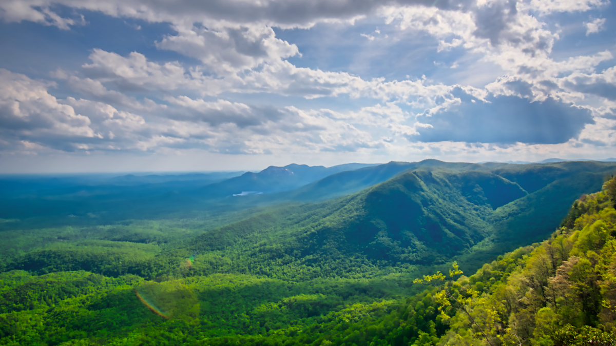 Blue Ridge Mountain landscape showing forested slopes and valleys where South Carolina's river systems originate in high-elevation cold streams.
