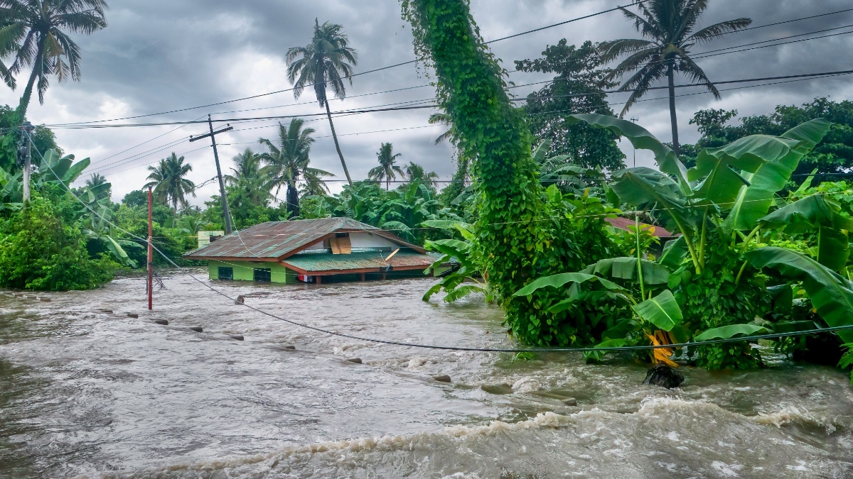 Green house partially submerged in muddy floodwaters during monsoon in Oriental Mindoro, Philippines, with palm trees and power lines against stormy sky.