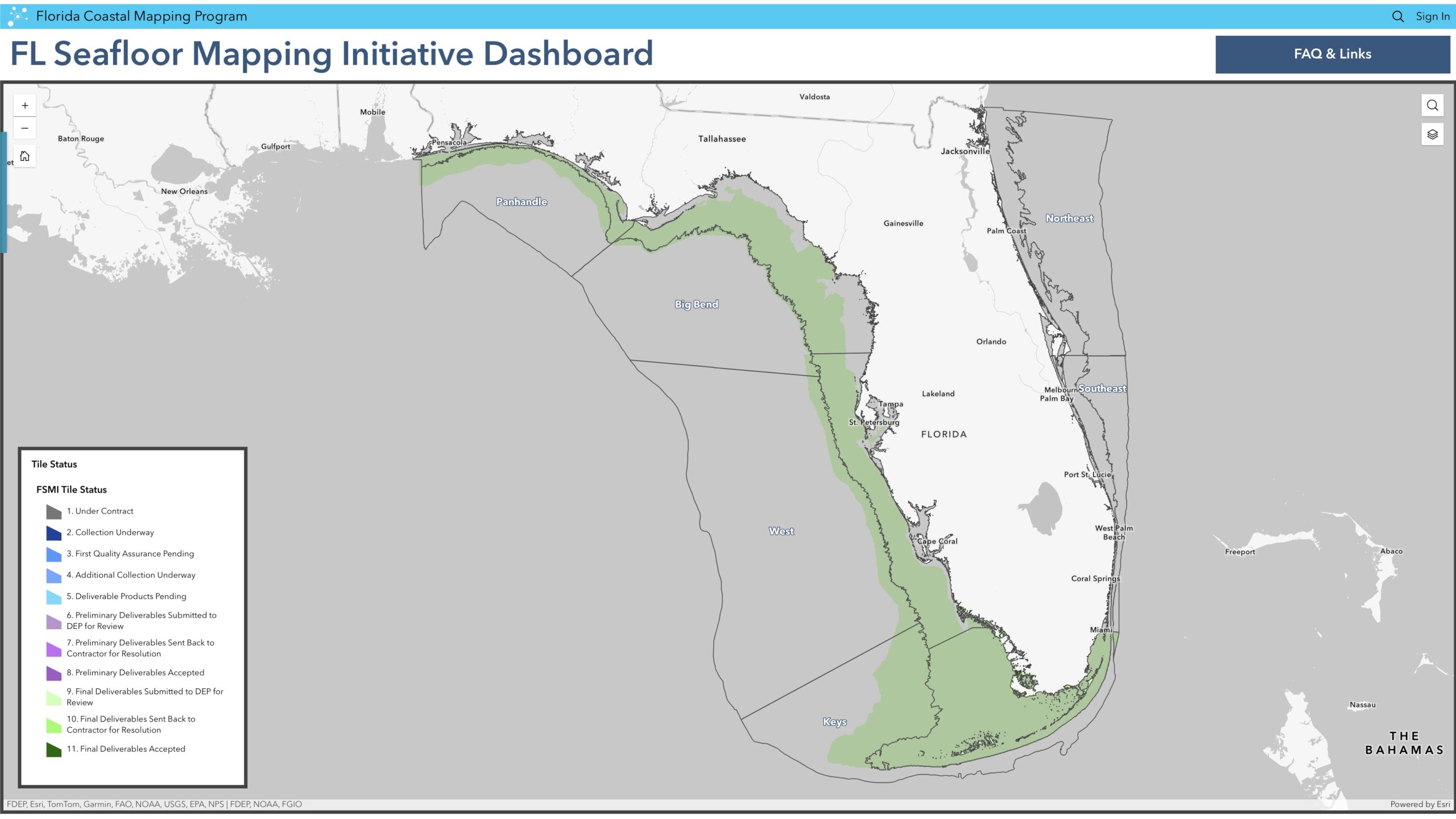 Florida Seafloor Mapping Initiative dashboard showing state map with coastal zones color-coded by data collection status and detailed workflow legend.