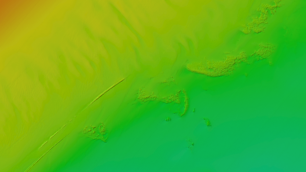 Bathymetric map of flat Gulf coast seafloor showing minimal elevation change with parallel survey lines visible in pale green and yellow tones.