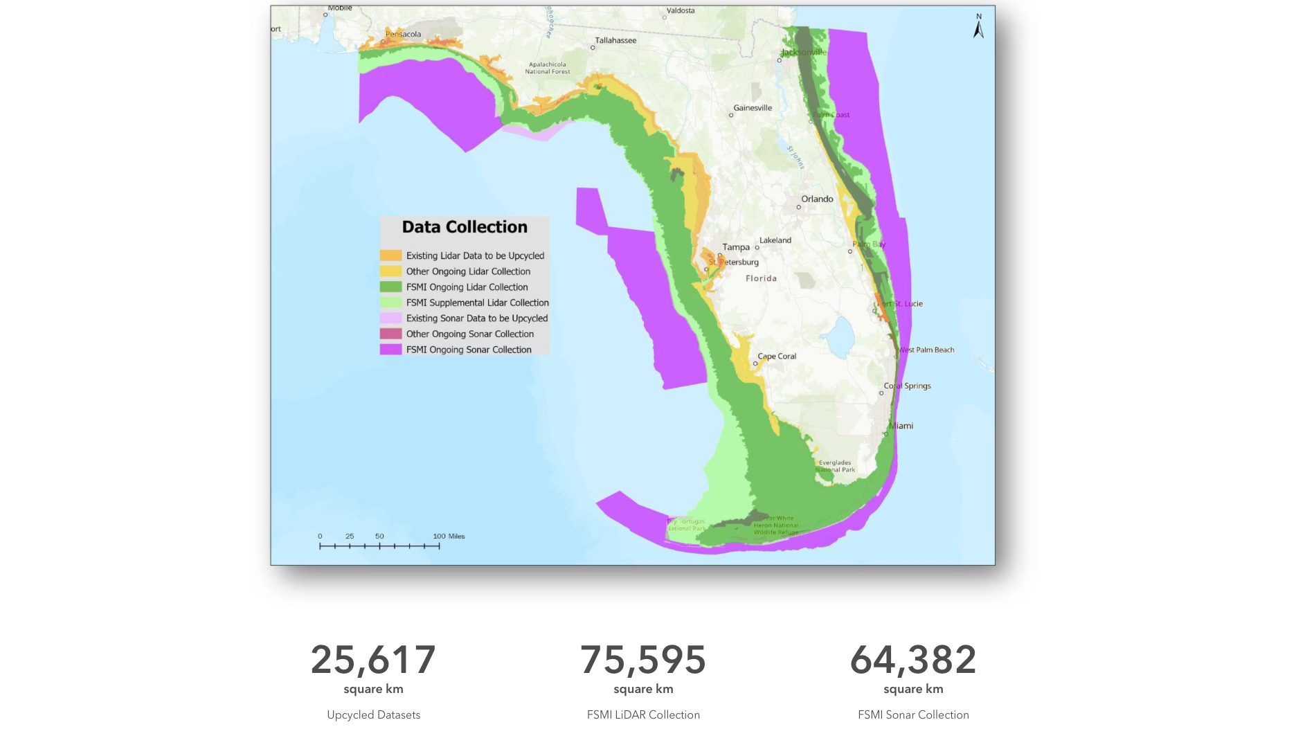 Map of Florida showing seafloor data collection status with color-coded zones for different survey methods and statistics showing square kilometers covered.