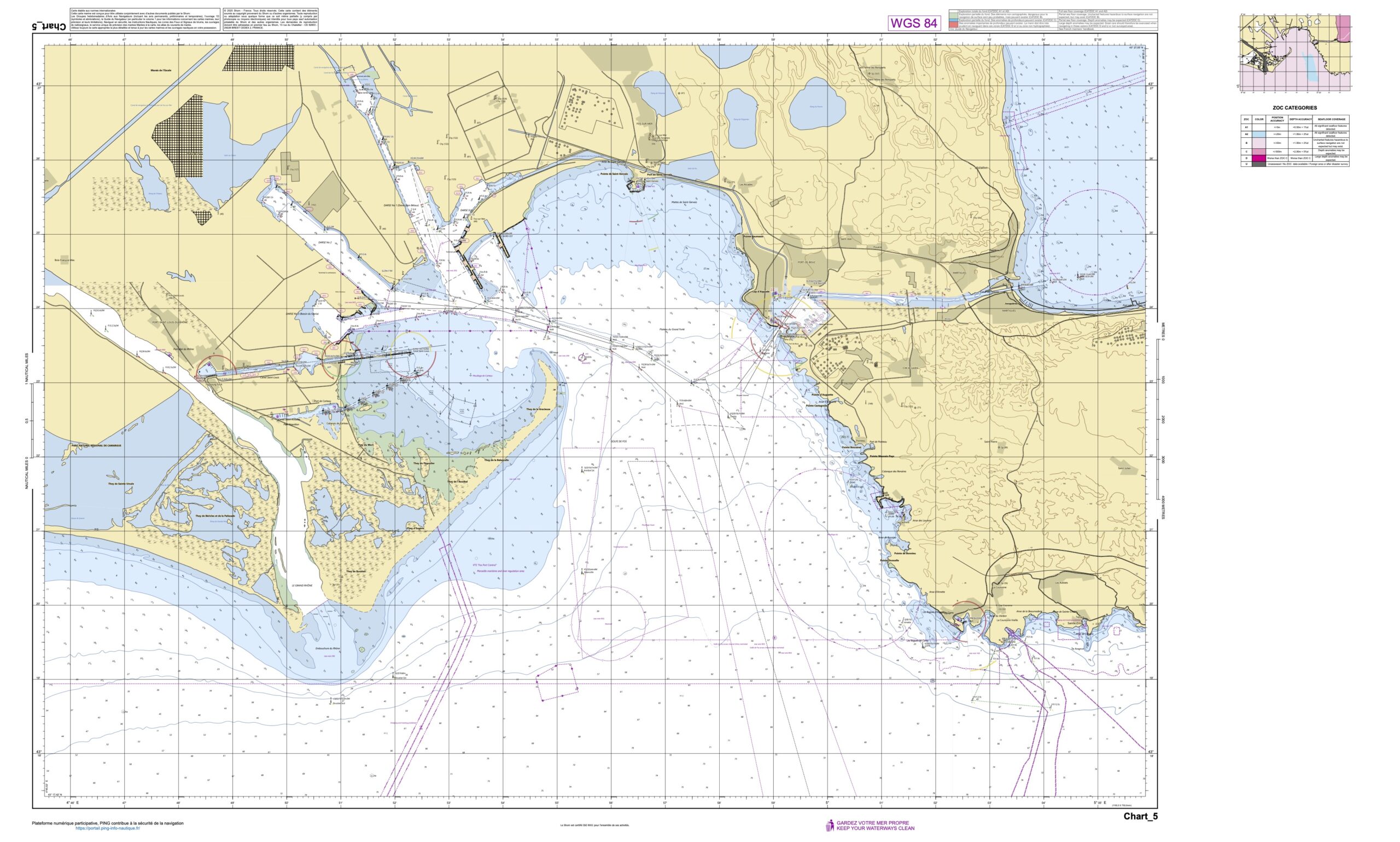 Detailed nautical chart showing coastal region with complex harbor and river delta. Chart depicts land areas in tan and green with topographical lines, and sea areas in blue and white with numerous depth soundings. Navigational channels, shipping lanes marked with magenta lines, and various symbols for buoys and hazards are visible, particularly around the entrance to Port-de-Bouc and the mouth of Le Grand Rhône.