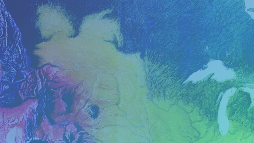 A multicolored map in shades of blue, purple, and green