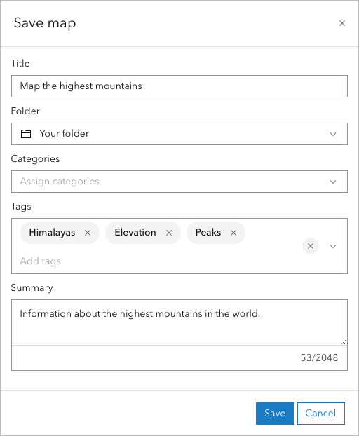 A white save map popup box with the title field showing map the highest mountains