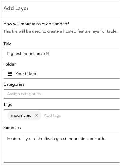 An add layer popup window with the title field showing highest mountains YN