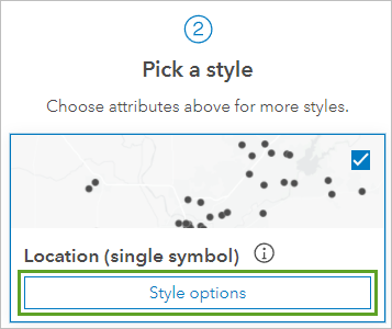 A white popup box for style options and a map with scattered black data points