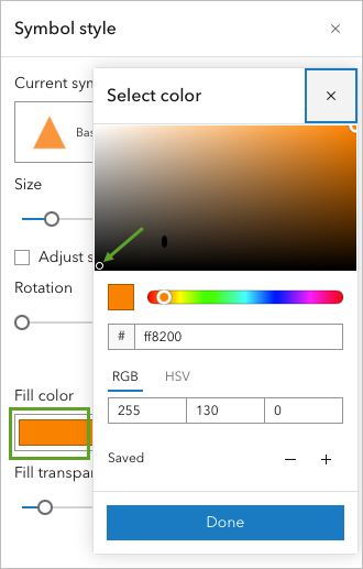 A select color pane with a color gradient bar popup box