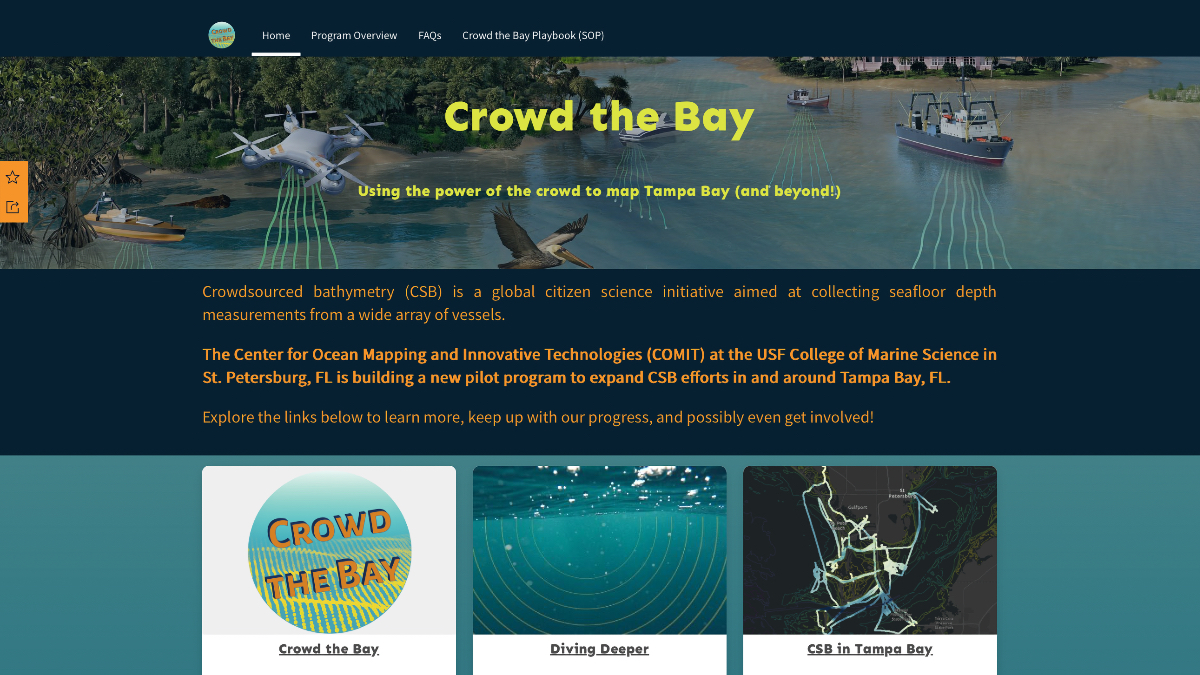 Crowd the Bay webpage header featuring coastal imagery with text "Using the power of the crowd to map Tampa Bay (and beyond!)" and navigation menu.