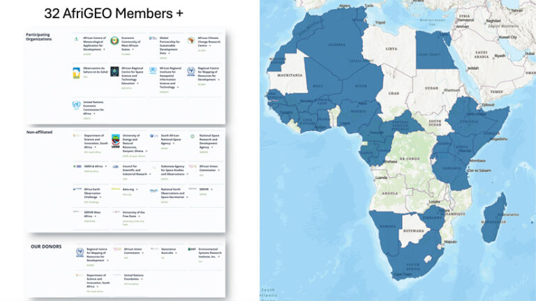 An infographic on AfriGEO with a map of Africa that highlights 32 member countries in blue. It lists participating organizations, non-affiliated partners, and donors.