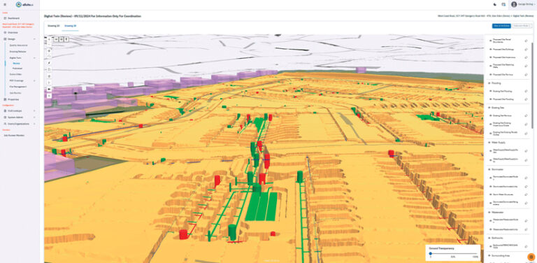 Digital twin software displaying a 3D model of a large, golden-brown, terraced excavation site. Red and green pipes and structures indicate infrastructure. UI panels for navigation and layer visibility are on the left and right.