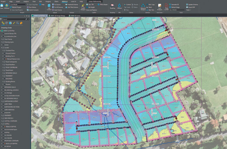 CAD software displaying a residential site plan with color-coded earth overlaid on an aerial photograph, detailing property lots and roads.