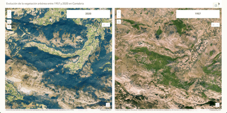 Side-by-side satellite images of Cantabria, Spain, comparing 1957 and 2020.