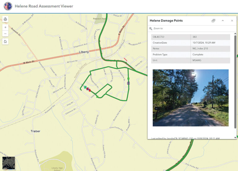 A screenshot of "Helene Road Assessment Viewer" map, displaying a town with highlighted routes. A "Helene Damage Points" pop-up shows data and a photograph of a selected rural dirt road.