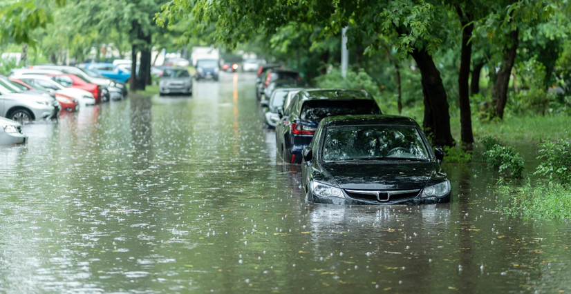 A row of parked cars partially submerged in high floodwater on a tree-lined street during a rainstorm.