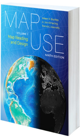 A blue book cover with a textured globe showing the Americas in daylight and Europe and Africa in night under the title, Map Use: Map Reading and Design, Volume 1, Ninth Edition