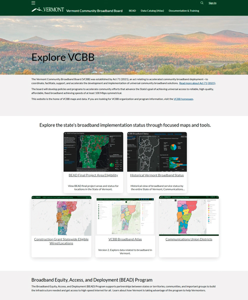 A screenshot of the Vermont Community Broadband Board website, featuring a header with Vermont mountains and multiple thumbnail images below.