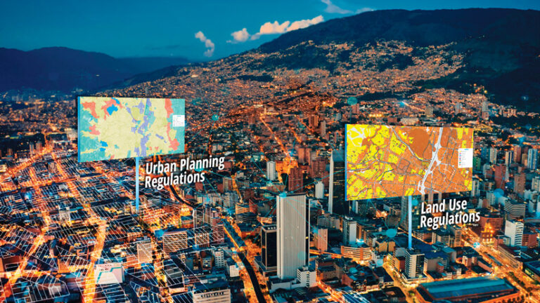 Aerial view of a brightly lit city at night, with a mountain in the background. Two large digital maps, "Urban Planning Regulations" and "Land Use Regulations," are superimposed over the city, connected by lines to points below.