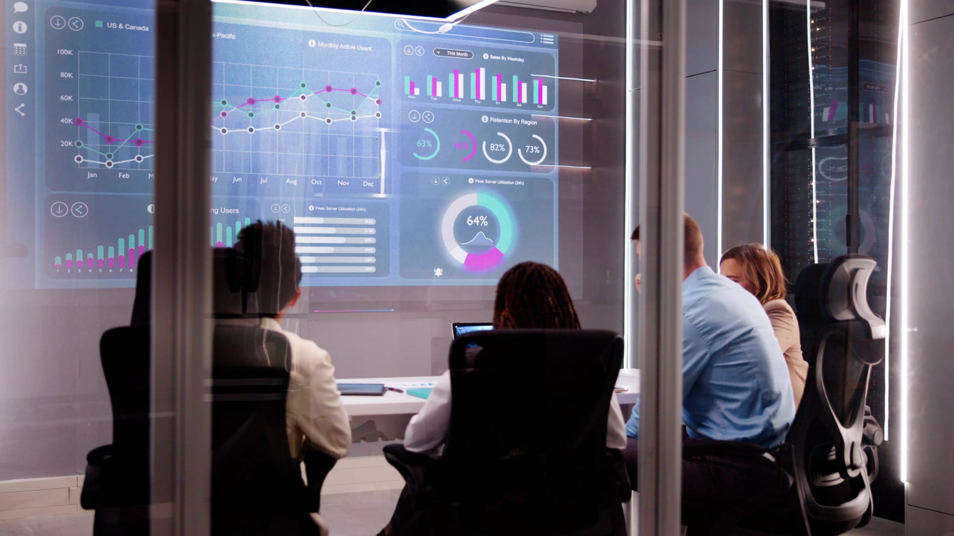 Business people view a no-code dashboard in a conference room