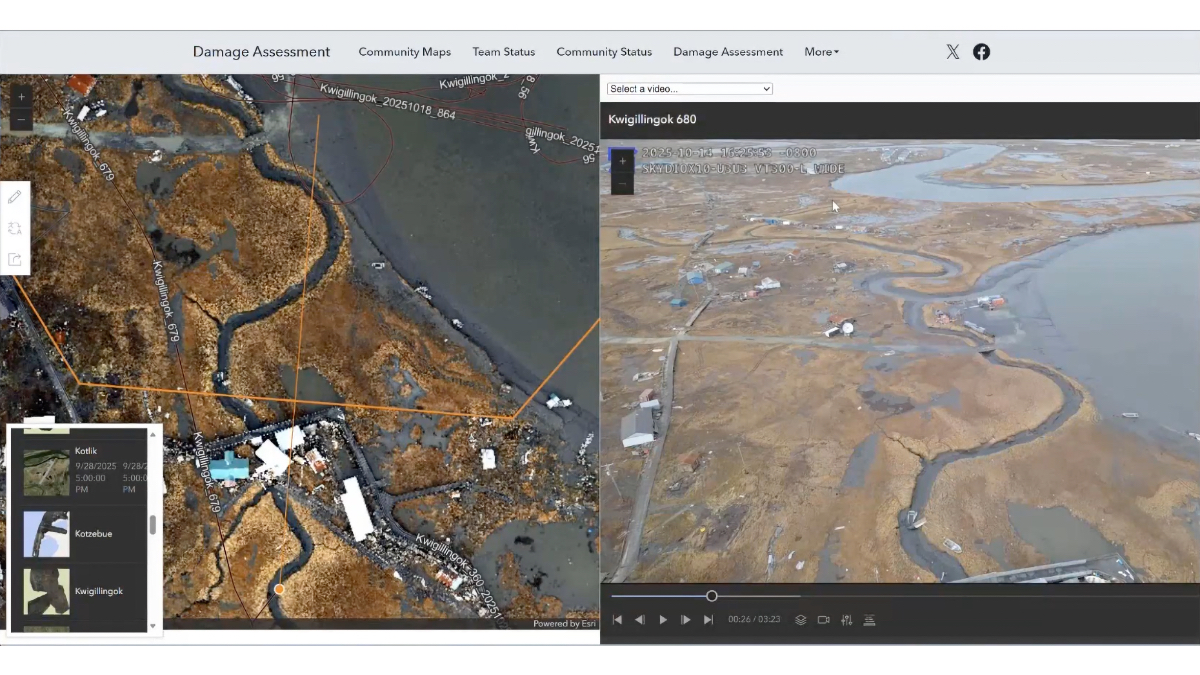 Split-screen of a drone flight path over Kwigillingok on a satellite map alongside aerial video footage showing storm-scattered structures and an eroded coastline.