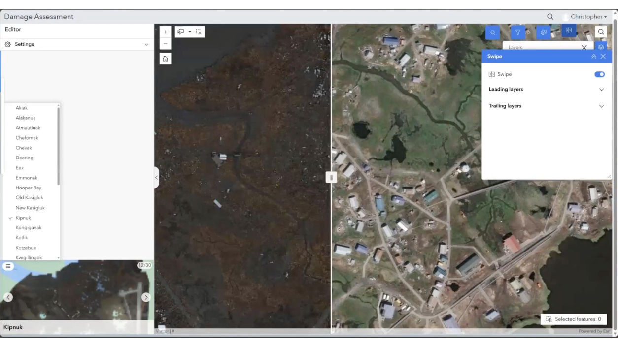 Before-and-after swipe comparison of Kipnuk: post-storm satellite image shows flooded, nearly barren land; pre-storm image shows a intact village with structures and roads.