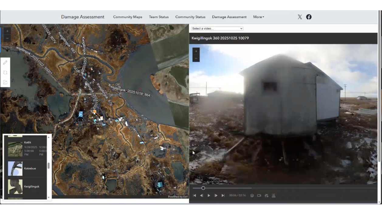 Split-screen showing a satellite map of Kwigillingok with drone paths alongside 360° video of a storm-damaged structure on stilts.