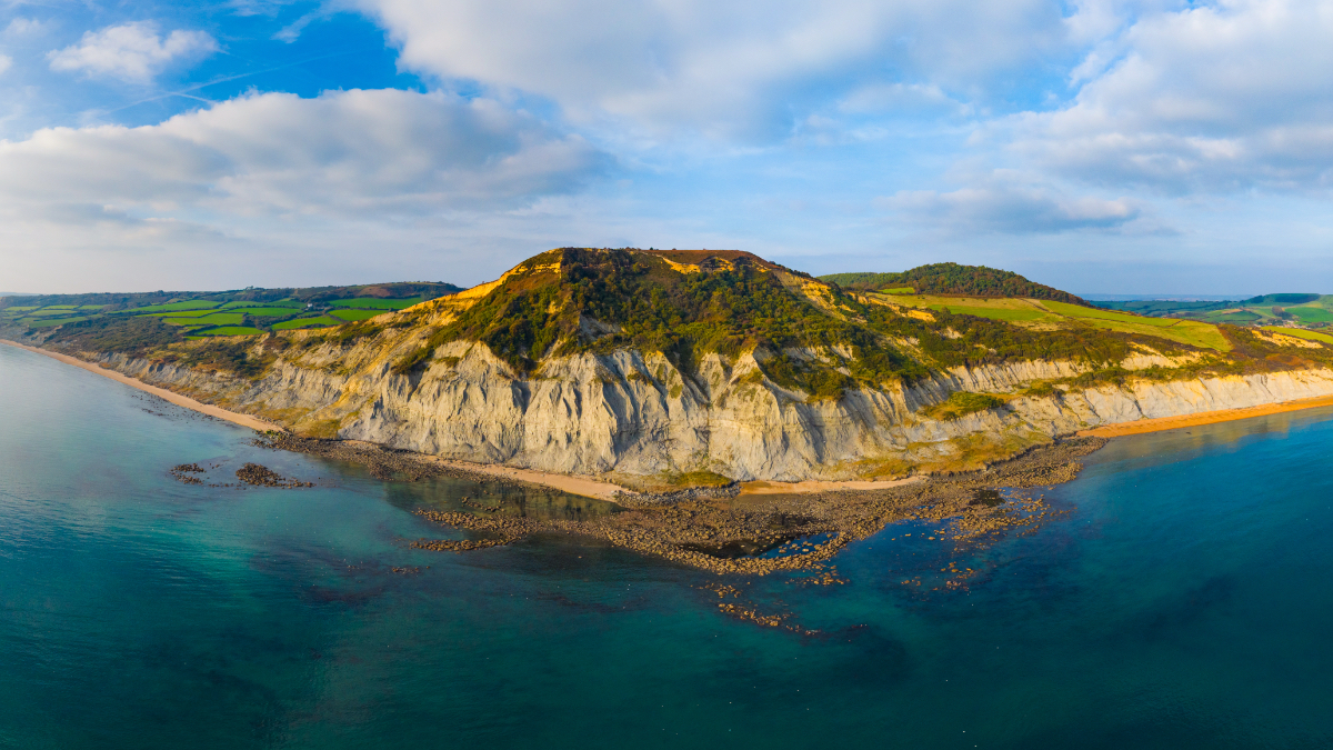 Aerial view of chalk cliffs and wooded headland on the Jurassic Coast of Dorset, England, with farmland and rolling hills visible inland above the sea.