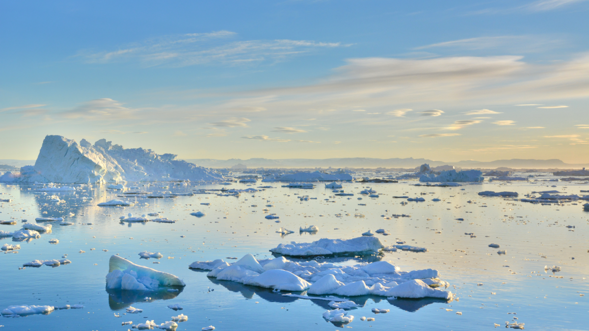 Icebergs and scattered ice fragments float across calm Arctic waters off the coast of Greenland under a pale blue sky streaked with thin clouds.