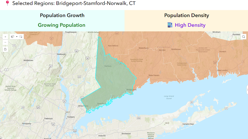 A population growth and density map of a region of the Northeast United states
