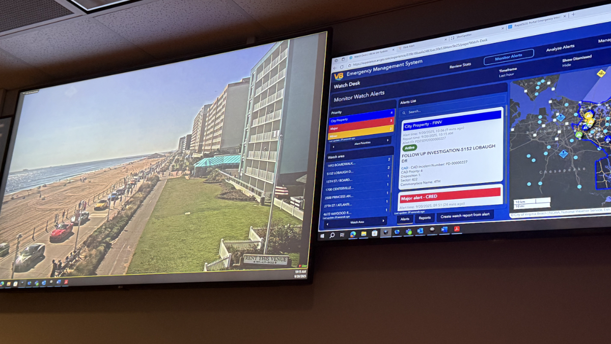 Dual monitors showing live oceanfront camera feed and emergency management dashboard with color-coded alerts and incident map.