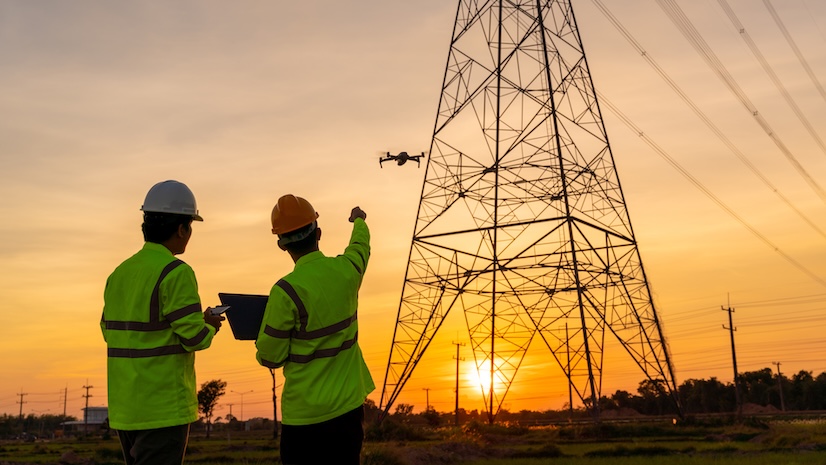 Two drone pilots watching a drone fly at sunset near an electrical tower