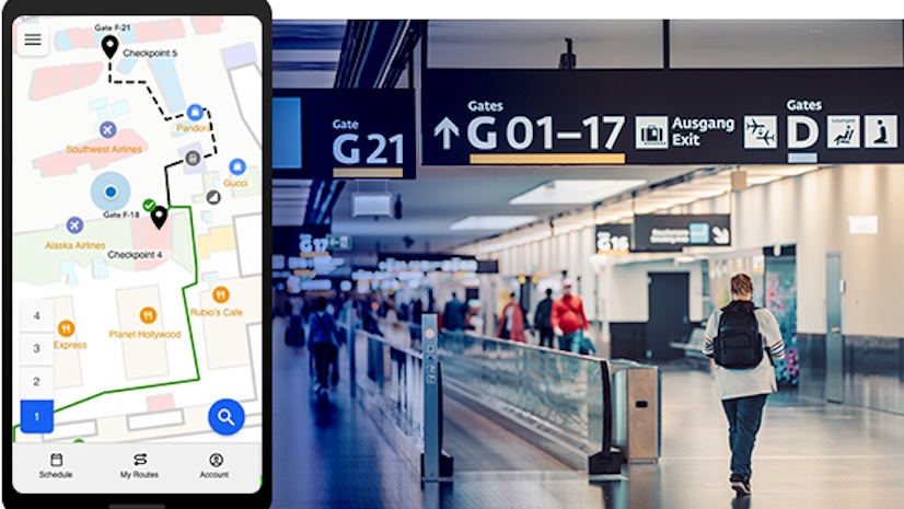 A person with a backpack walking through an airport with an inset image of navigation on a mobile device