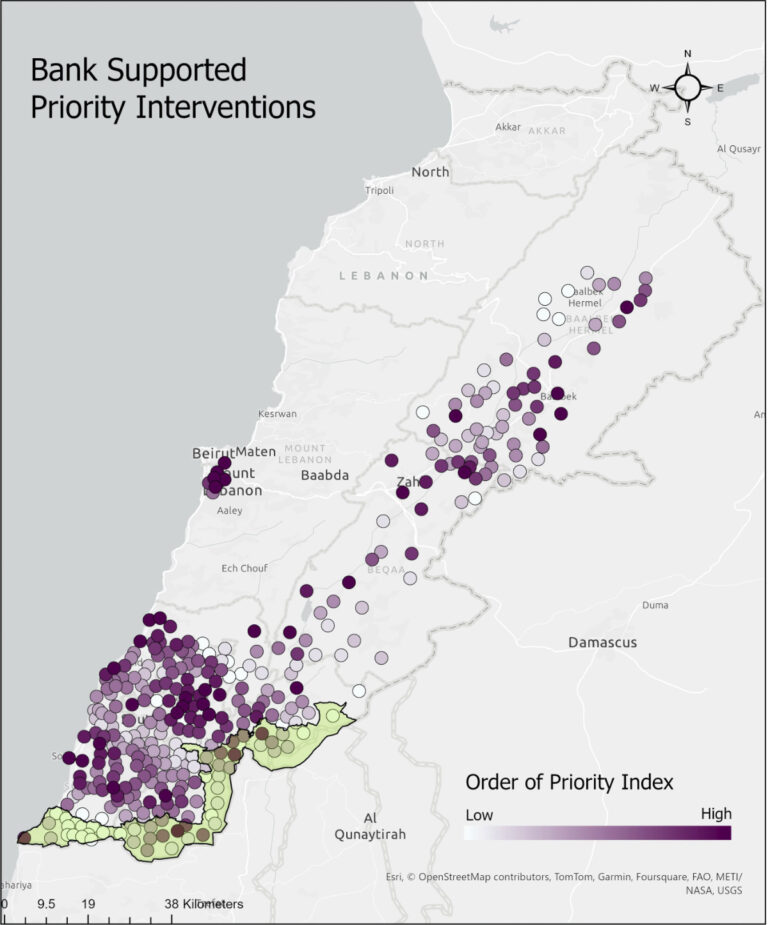 A map of Lebanon showing World Bank–supported priority intervention sites, marked by circles ranging from light purple (lower priority) to dark purple (higher priority). The densest concentration of high-priority sites appears in southern Lebanon, with additional clusters around Beirut and the Bekaa Valley.
