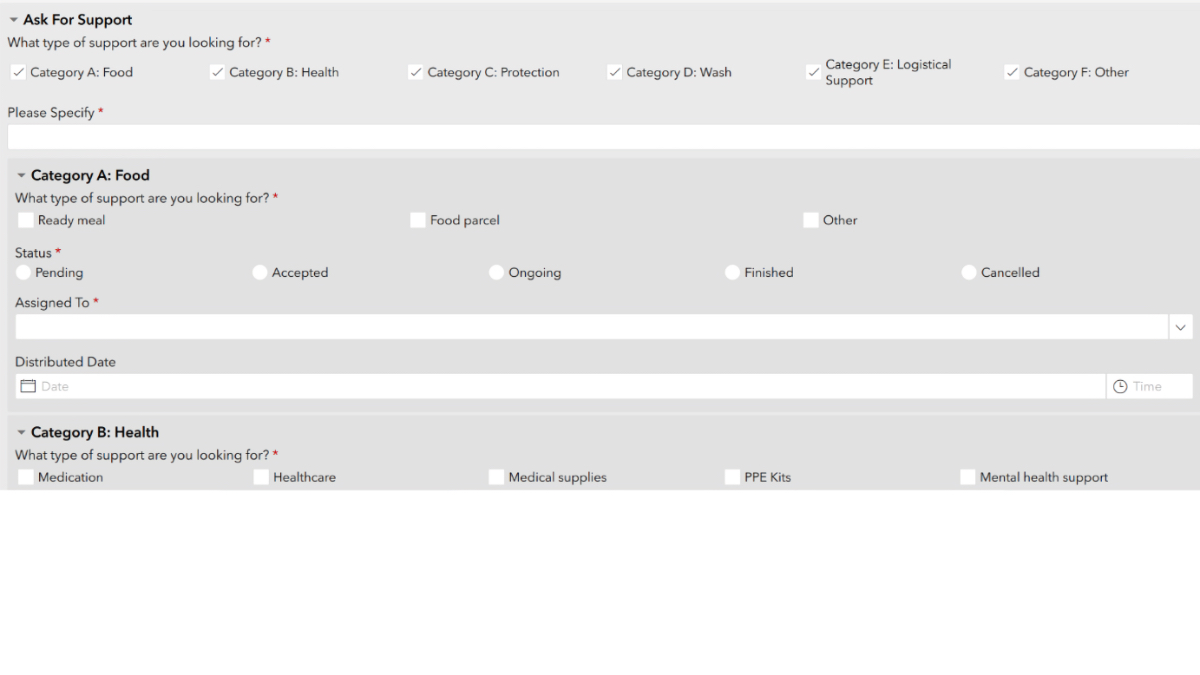 Digital survey form showing support request categories with checkboxes for food types, health services, and request status options