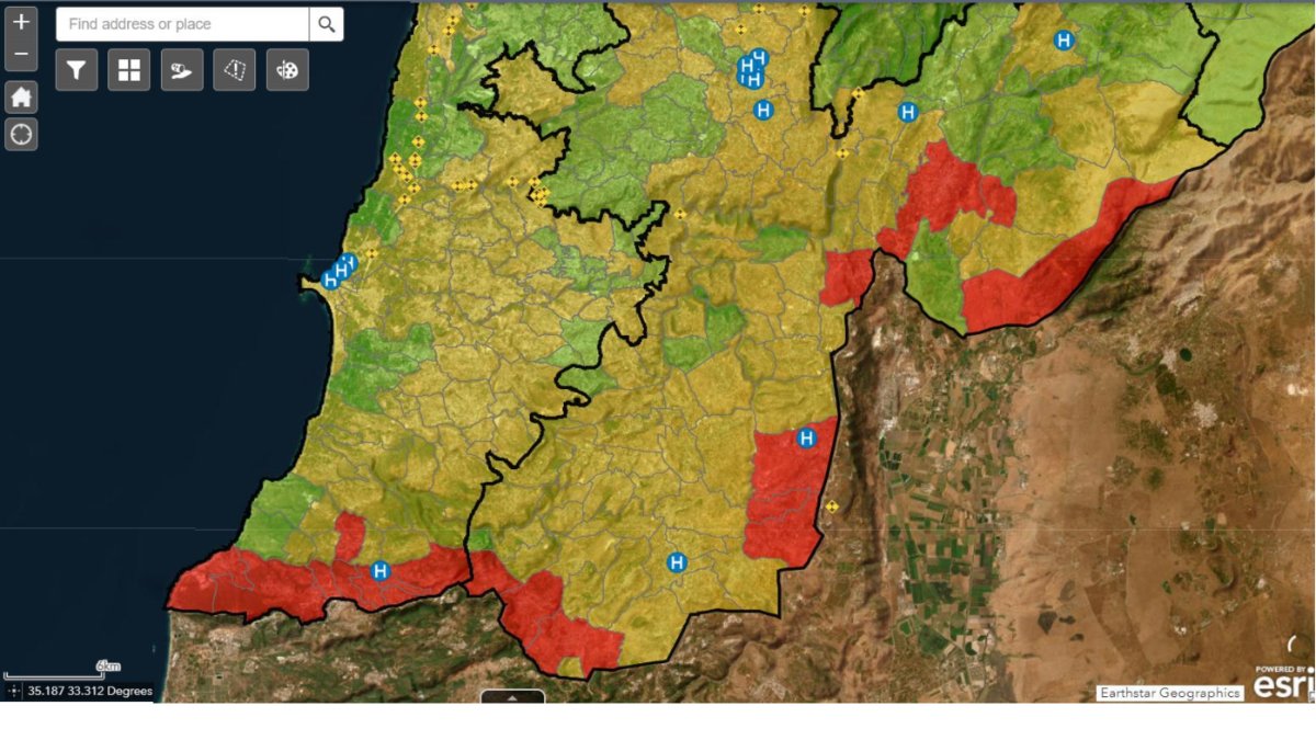 Regional map showing red conflict-affected areas in southern and eastern Lebanon with blue hospital markers and yellow shelter locations