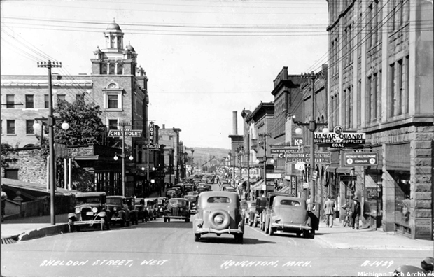 A historical black and white photo of Houghton, Michigan