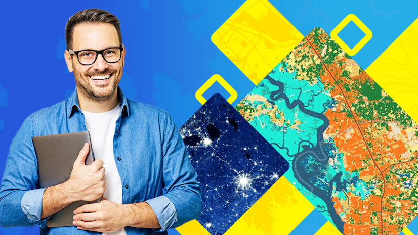 A smiling man holding a tablet against an abstract background of shapes and maps