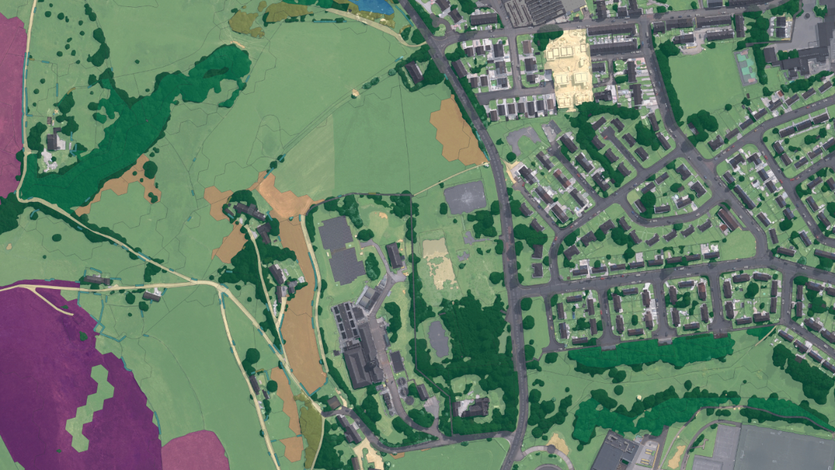 Ordnance Survey Enhanced Land Cover dataset showing color-coded habitat and land cover classifications across a rural-urban fringe, including woodland, grassland, arable fields, and residential streets in England.