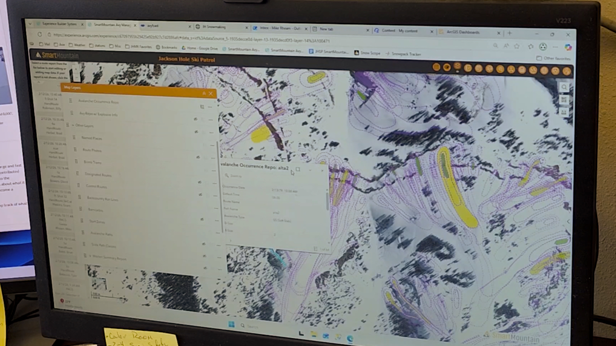 Screen showing avalanche data table on left and map displaying purple avalanche path polygons overlaid on aerial mountain terrain imagery.