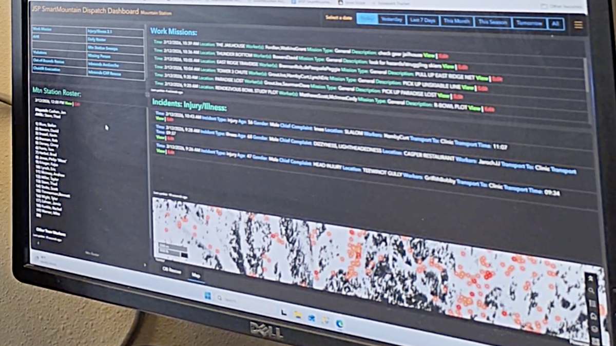 Dispatch dashboard screen showing work missions list, incident log, mountain station roster, and map view of terrain with location markers.