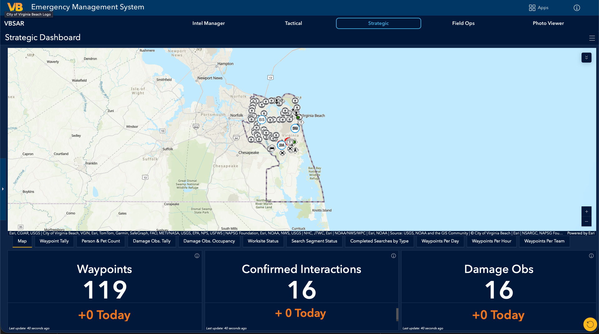 Strategic Dashboard showing Virginia Beach map with clustered waypoint markers and metrics for waypoints, confirmed interactions, and damage observations
