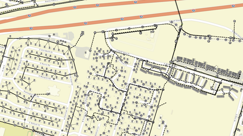 ArcGIS Utility Network schema with interconnected lines and points