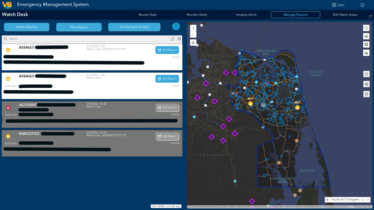 Watch Desk interface displaying incident alerts list alongside map of Virginia Beach with emergency response markers