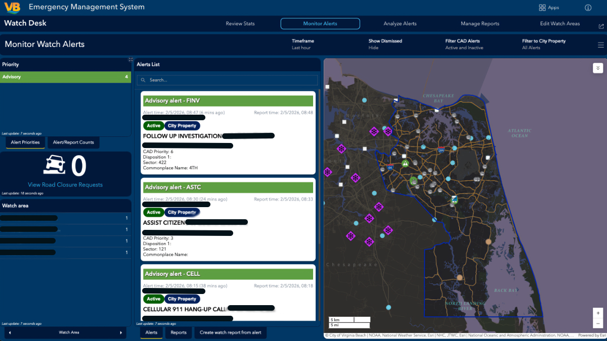 Monitor Watch Alerts view showing priority filter, advisory alert cards with CAD details, and Virginia Beach map with incident markers