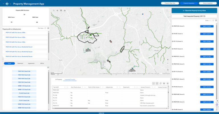 Screenshot of a web app interface labeled Property Management App. The map in the top center displays what appear to be bodies of water in green, as well as black polygons encircling properties. Panels on each side display information about the properties.
